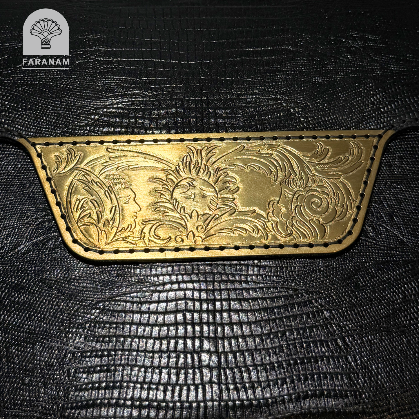 Vala Hand Etched Leather Clutch with hand-etched art