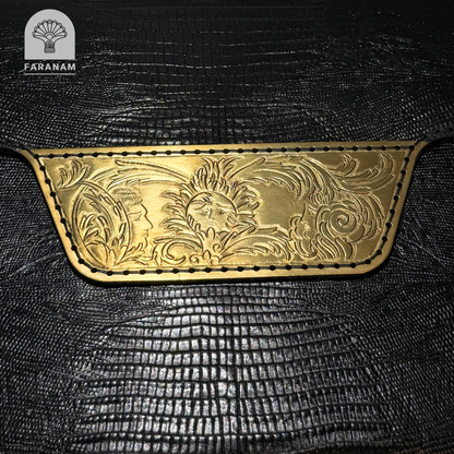 Vala Hand Etched Leather Clutch with hand-etched art