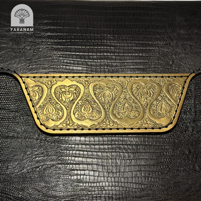 Vala Hand Etched Leather Clutch with hand-etched art