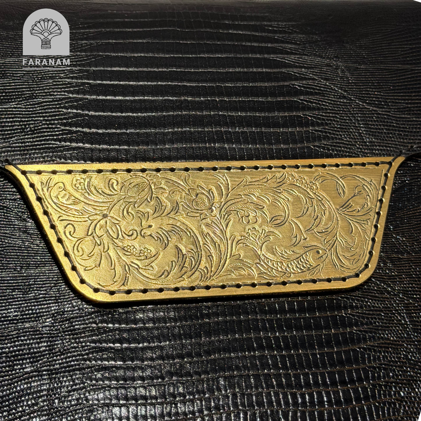 Vala Hand Etched Leather Clutch with hand-etched art