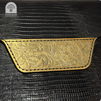 Vala Hand Etched Leather Clutch with hand-etched art
