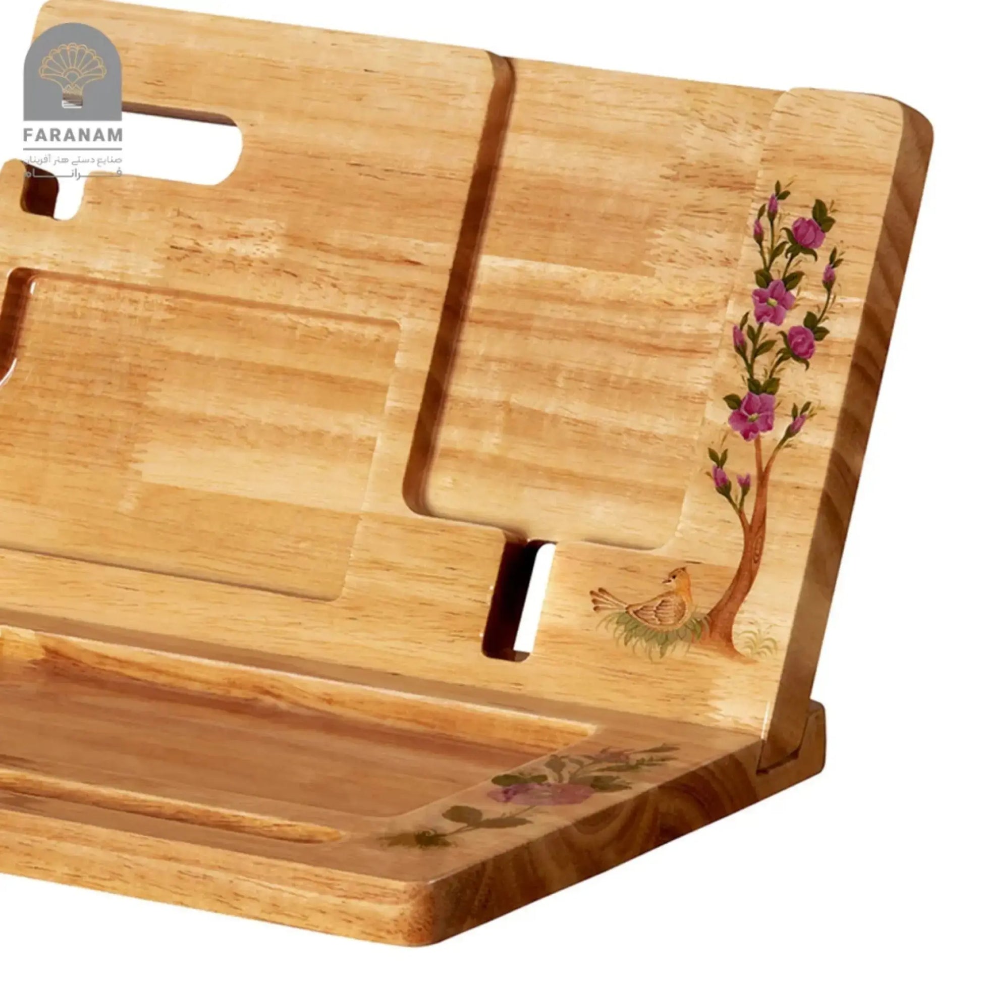 Wooden cutting board with floral designs on a white background