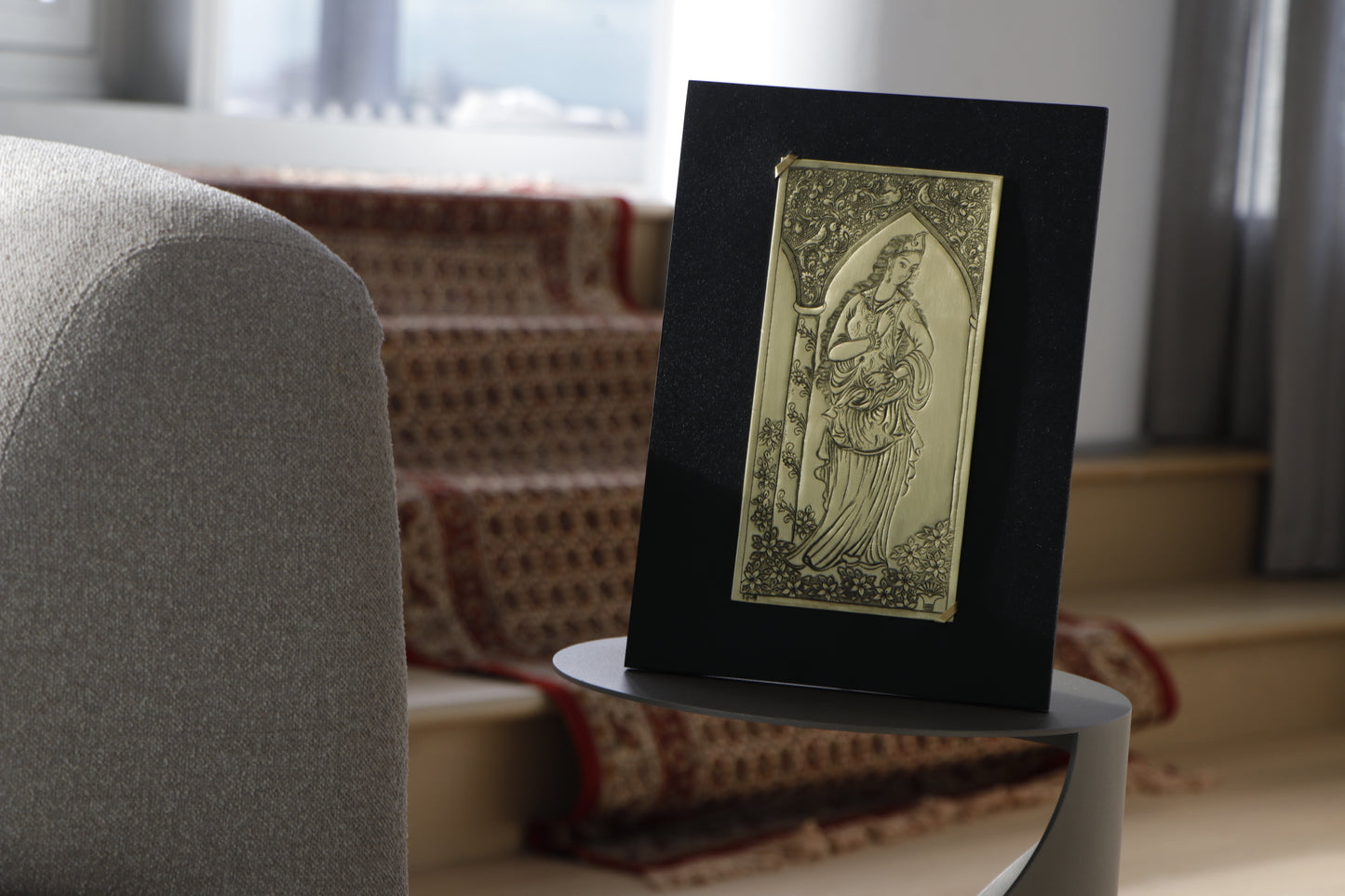 Persian Muse, Hand-Etched Brass Tableau (Leather Frame)