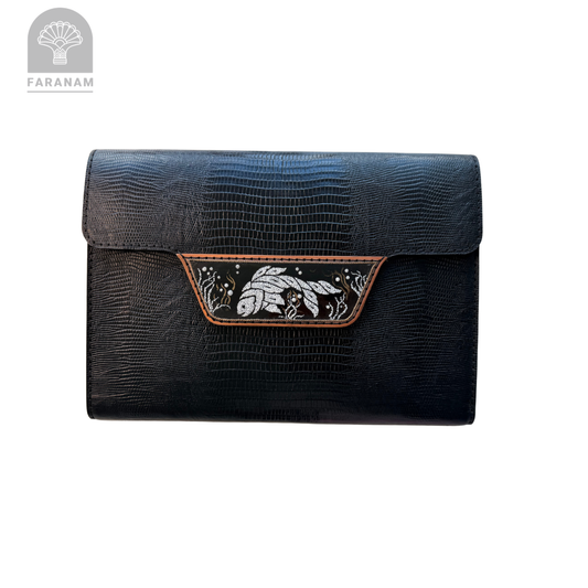 Ocean Pulse Leather Clutch with Enameling Art Work