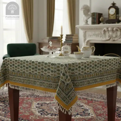 Saffron Leaf Square Hand-printed tablecloth, 2.5'x2.5'/3'x3', Handmade Faranam