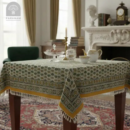Saffron Leaf Square Hand-printed tablecloth, 2.5'x2.5'/3'x3', Handmade Faranam