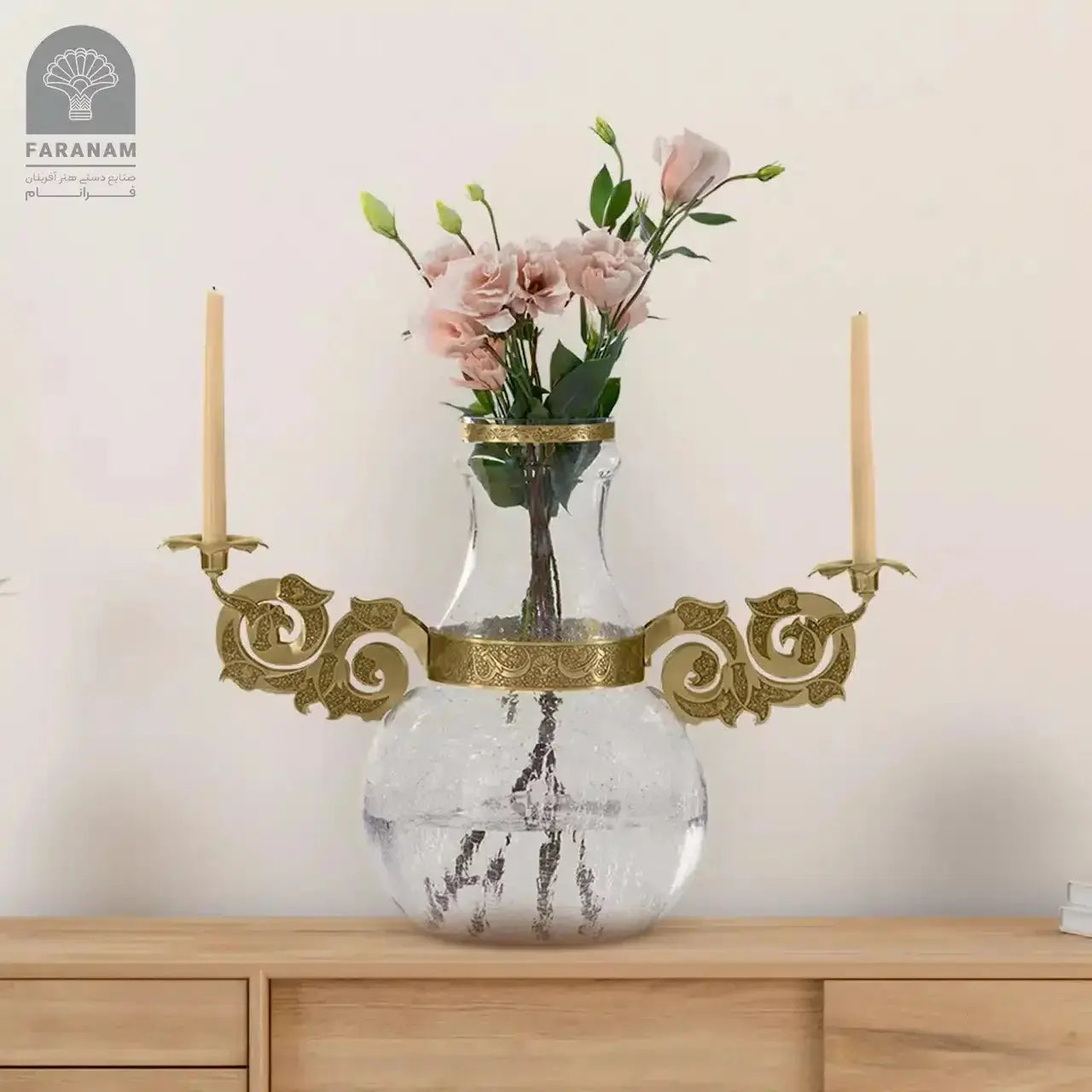 Taban vase with candle holders, Hand-blown glass & Hand-etched brass belt My Store
