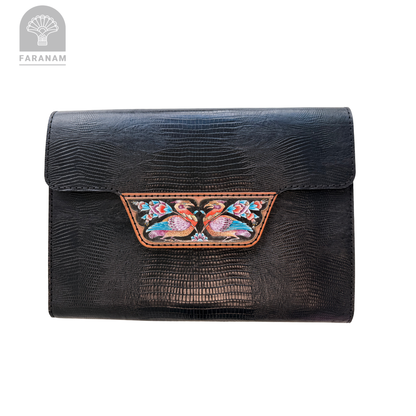 The Phoenix Leather Clutch with Enameling Art Work