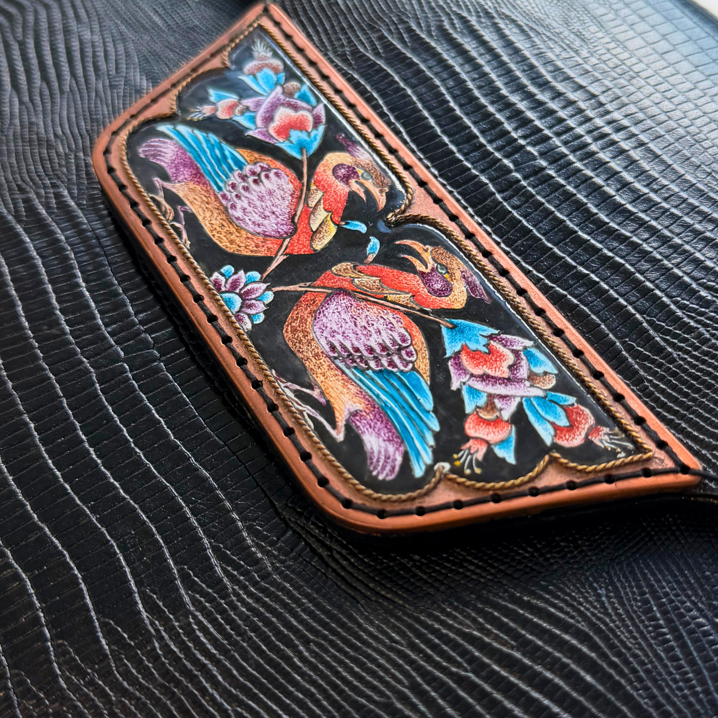 The Phoenix Leather Clutch with Enameling Art Work